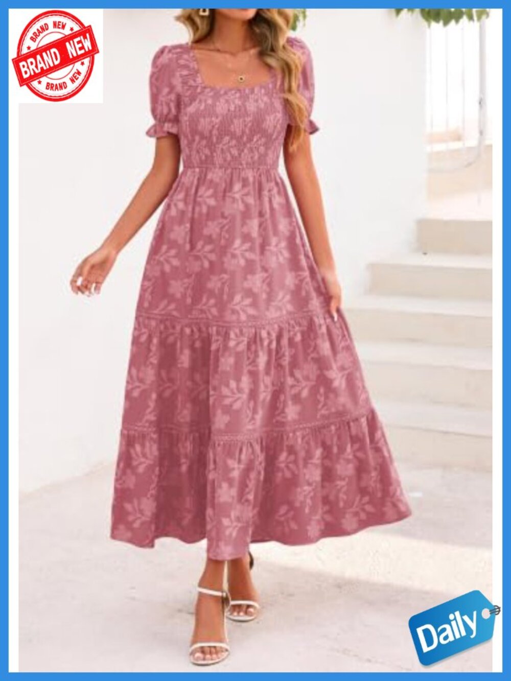 Women's Boho Floral Maxi Dress Square Neck Smocked Ruffle A-Line Short Sleeve - Picture 2 of 6